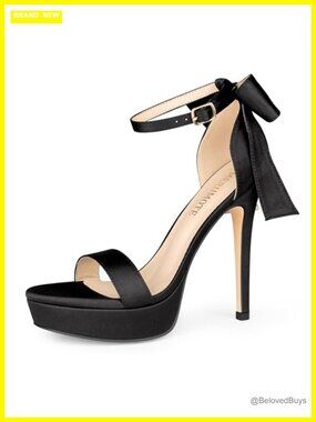 Platform Stiletto Heeled Sandals Faux Leather Round Toe Bow Ankle Strap Formal